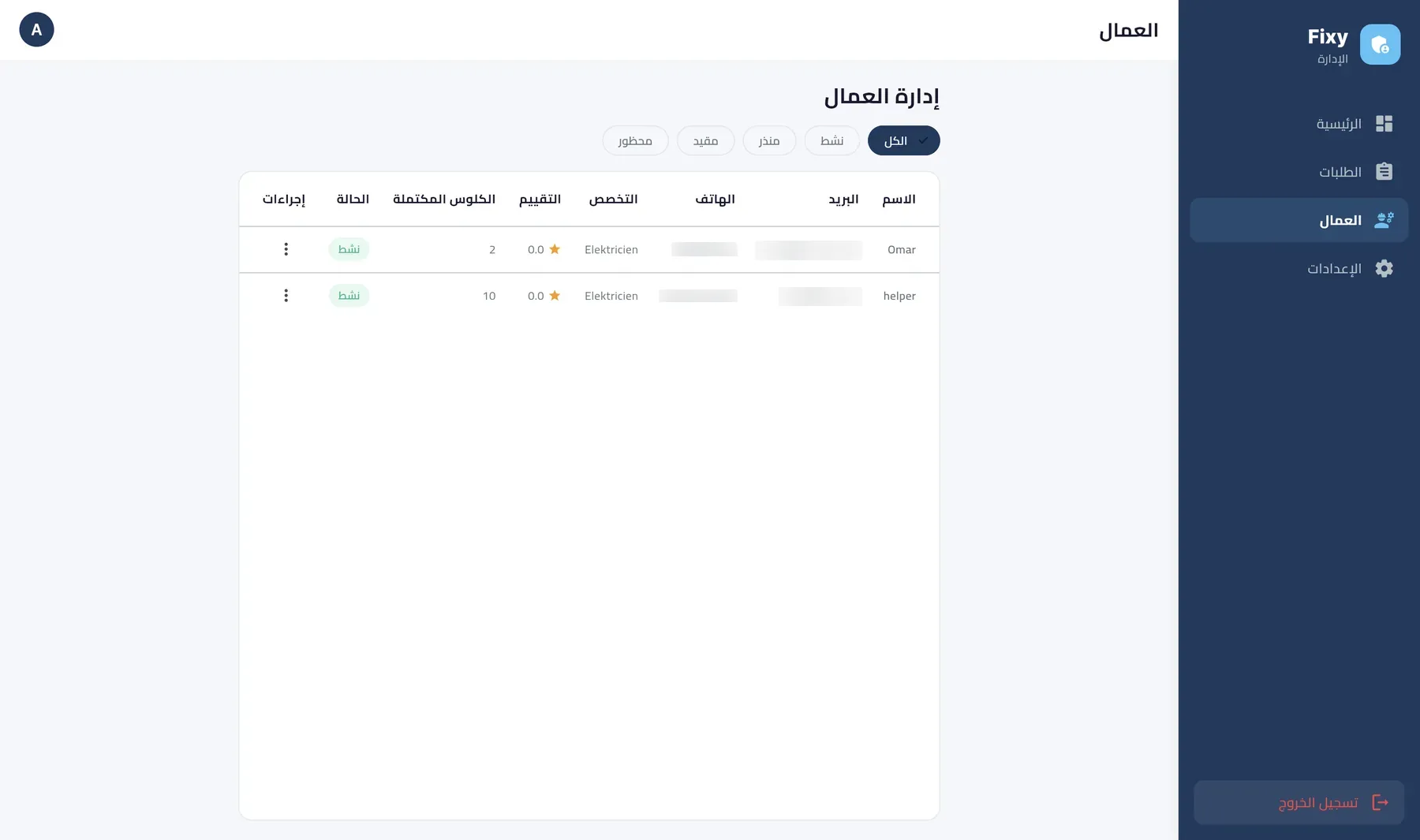 Fixy: إدارة العمال